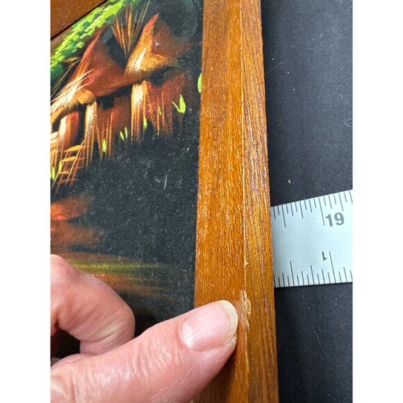 Rustic MCM Tropical Island Landscape Oil Painting With Black Velvet Wooden Frame - Picture 7 of 15